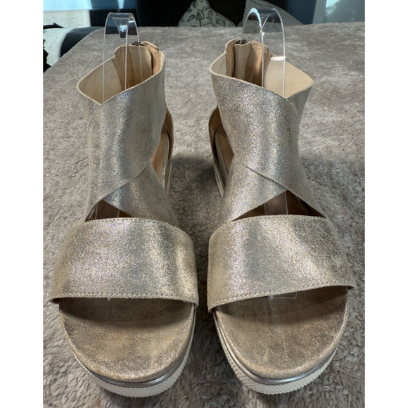 Eileen Fisher Sport Platinum Glitter Gold Suede Hidden Wedge Sandals Size 9 - Picture 2 of 7